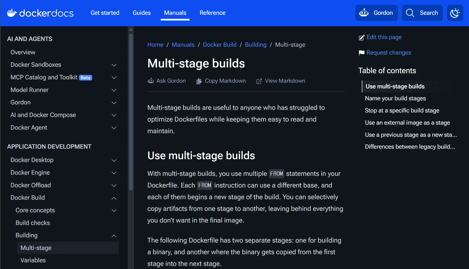 멀티스테이지 빌드가 적용된 Node.js Dockerfile — builder 스테이지와 runner 스테이지로 나뉘고 최종 이미지 크기가 줄어든 docker images 출력 화면